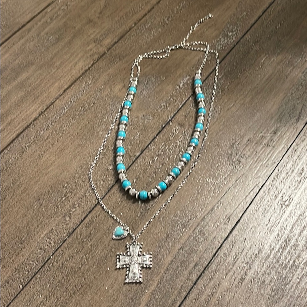 Blue and Silver Necklace with Cross Pendant